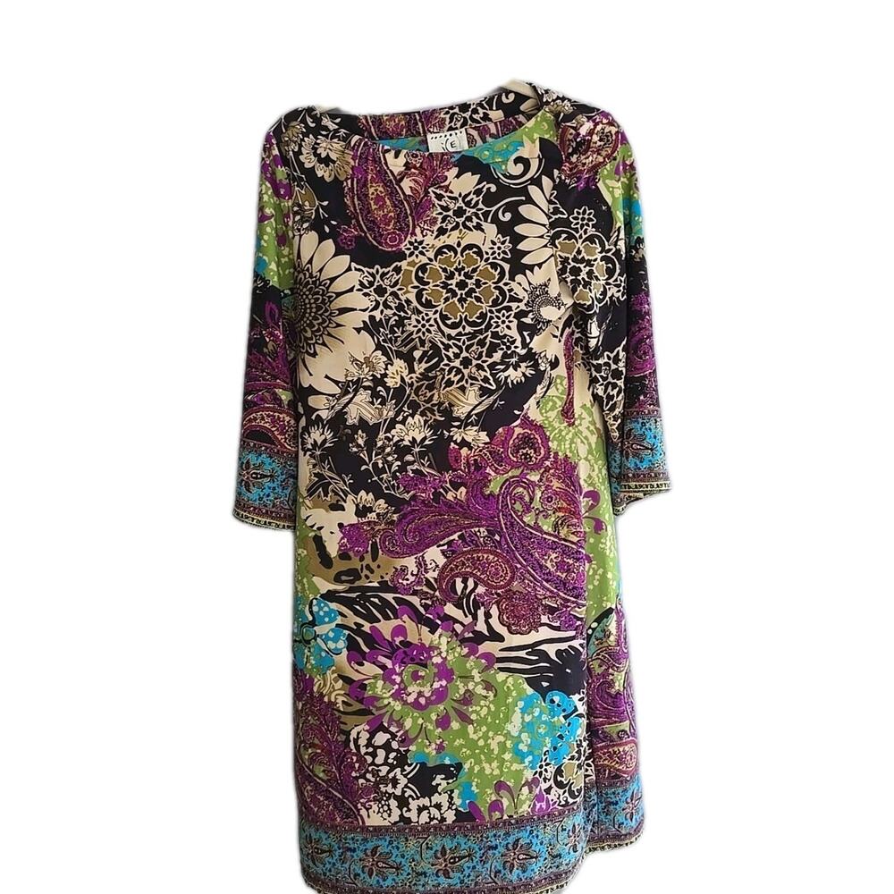 ICE Multicolor Floral Paisley Boat Neck Artsy Art Sheath Dress Womans Size 10